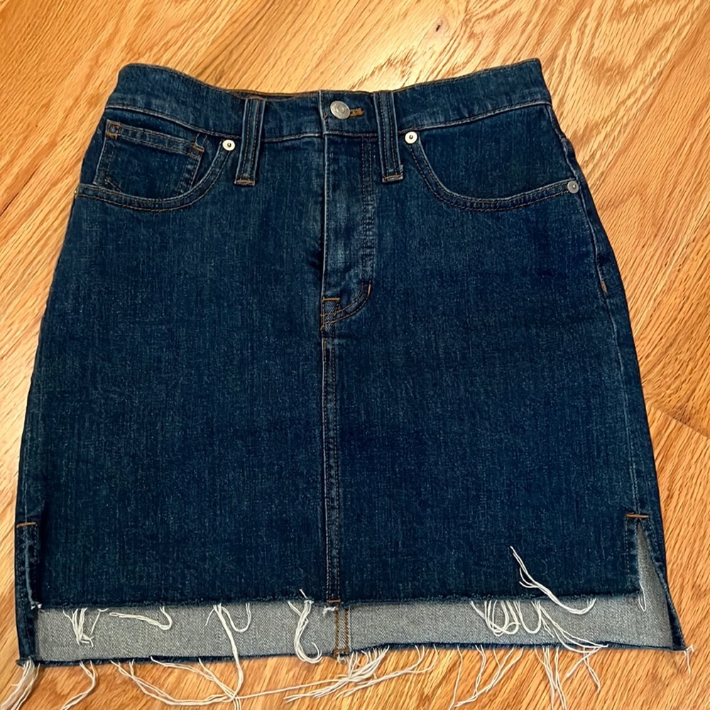 Stretch Denim Straight Mini Skirt: Step-Hem Edition